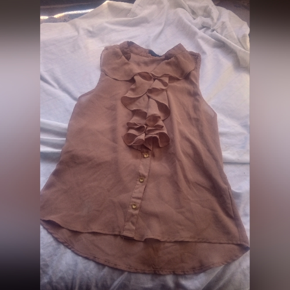Elle Brown Blouse with Ruffled Front and Sleeveless Design